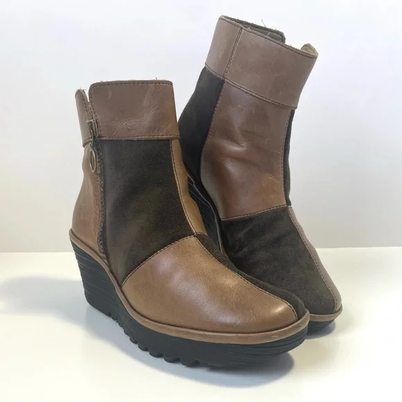 Fly London Yime Two-Tone Brown and Tan Patchwork Wedge Boots Size 39EU/8.5US - Picture 1 of 15